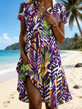 Women's Abstract Leopard Printing Short Sleeve V-Neck Summer Beach Vacation Midi Dress