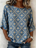 Women's Half Sleeve Blouse Summer Blue Floral Printing Crew Neck Daily Going Out Vintage Top
