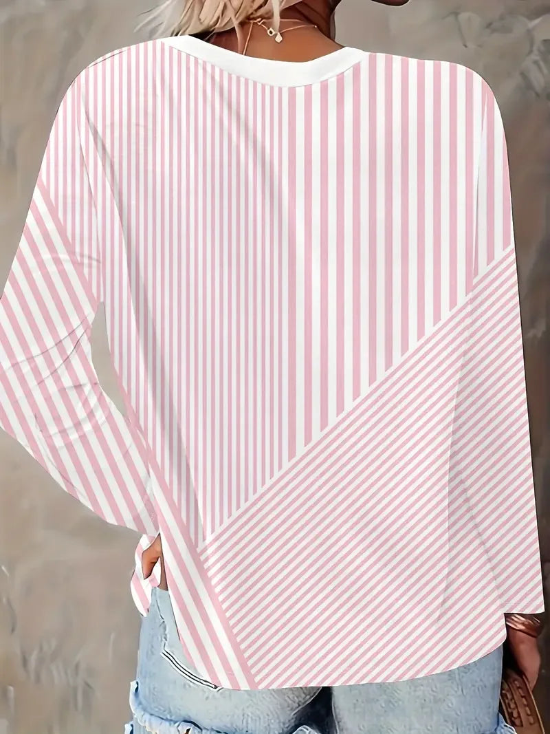 Women's Long Sleeve T-shirt Spring/Fall Pink Striped Printing Jersey V Neck Daily Going Out Casual Top