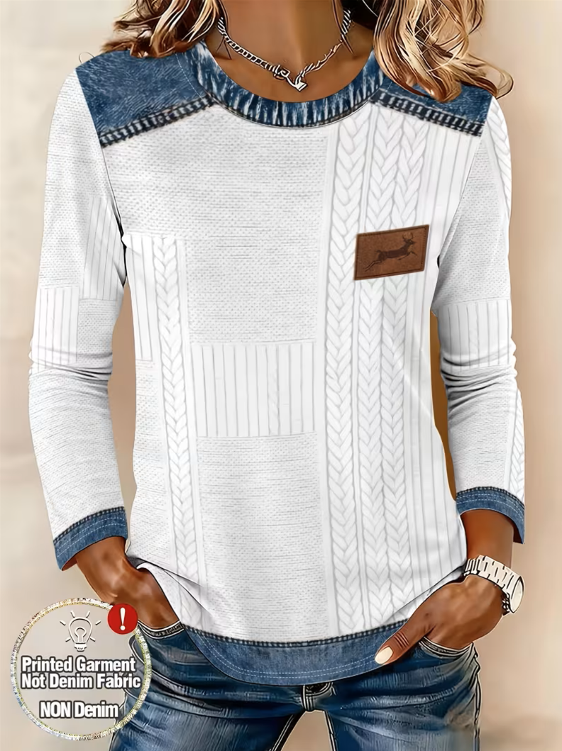 Faux Denim Print Graphic Casual Loose Cotton T-Shirt