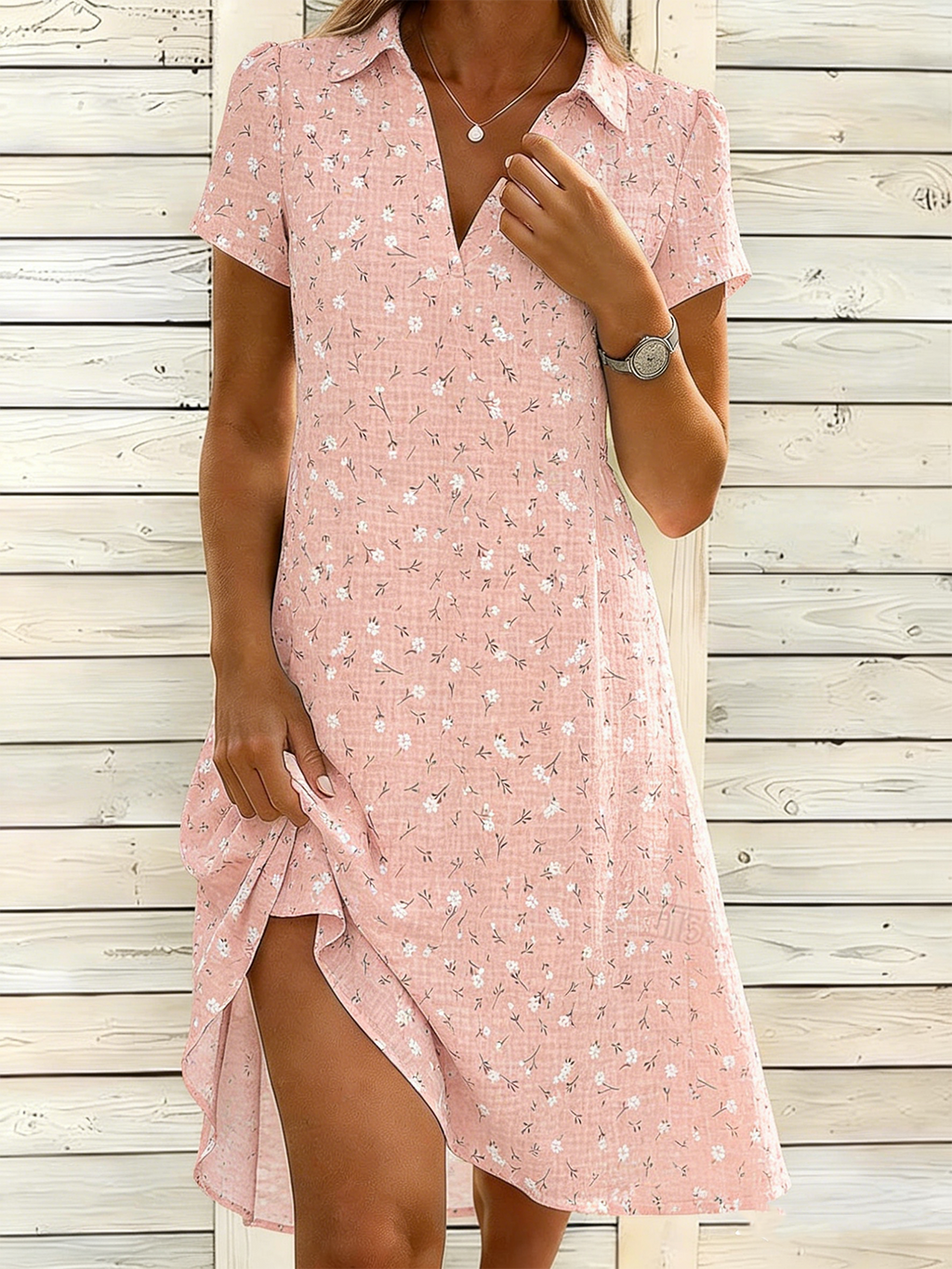 Shawl Collar Casual Loose Floral Shirt Dress With No