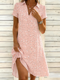 Shawl Collar Casual Loose Floral Shirt Dress With No