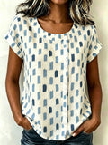 Abstract Graphic Print Casual Linen Blend Crew Neck Short Sleeve Button Loose Casual Top