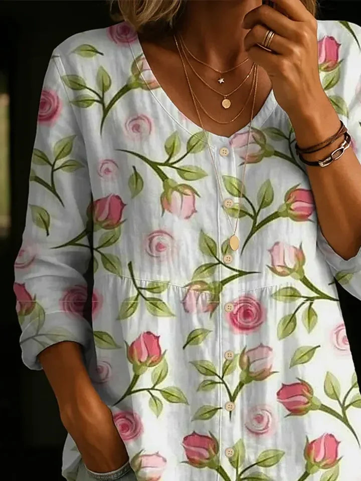 Women's Long Sleeve Blouse Spring/Fall White Floral Printing V Neck Daily Going Out Casual Top