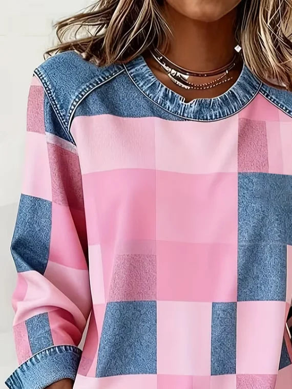 Women's Plaid Print Patchwork Denim Crewneck Long-Sleeved Sweatshirt