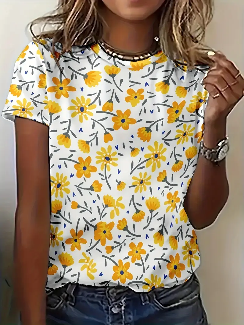 Women's Floral Spring Print Crew Neck Short Sleeve T-Shirt