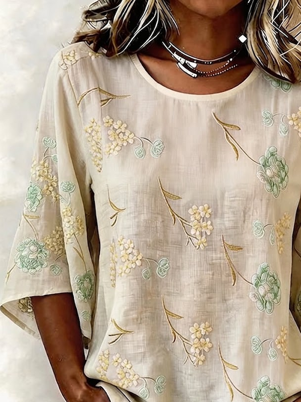 Women's Half Sleeve Blouse Summer Apricot Floral Printing Crew Neck Daily Going Out Vintage Top