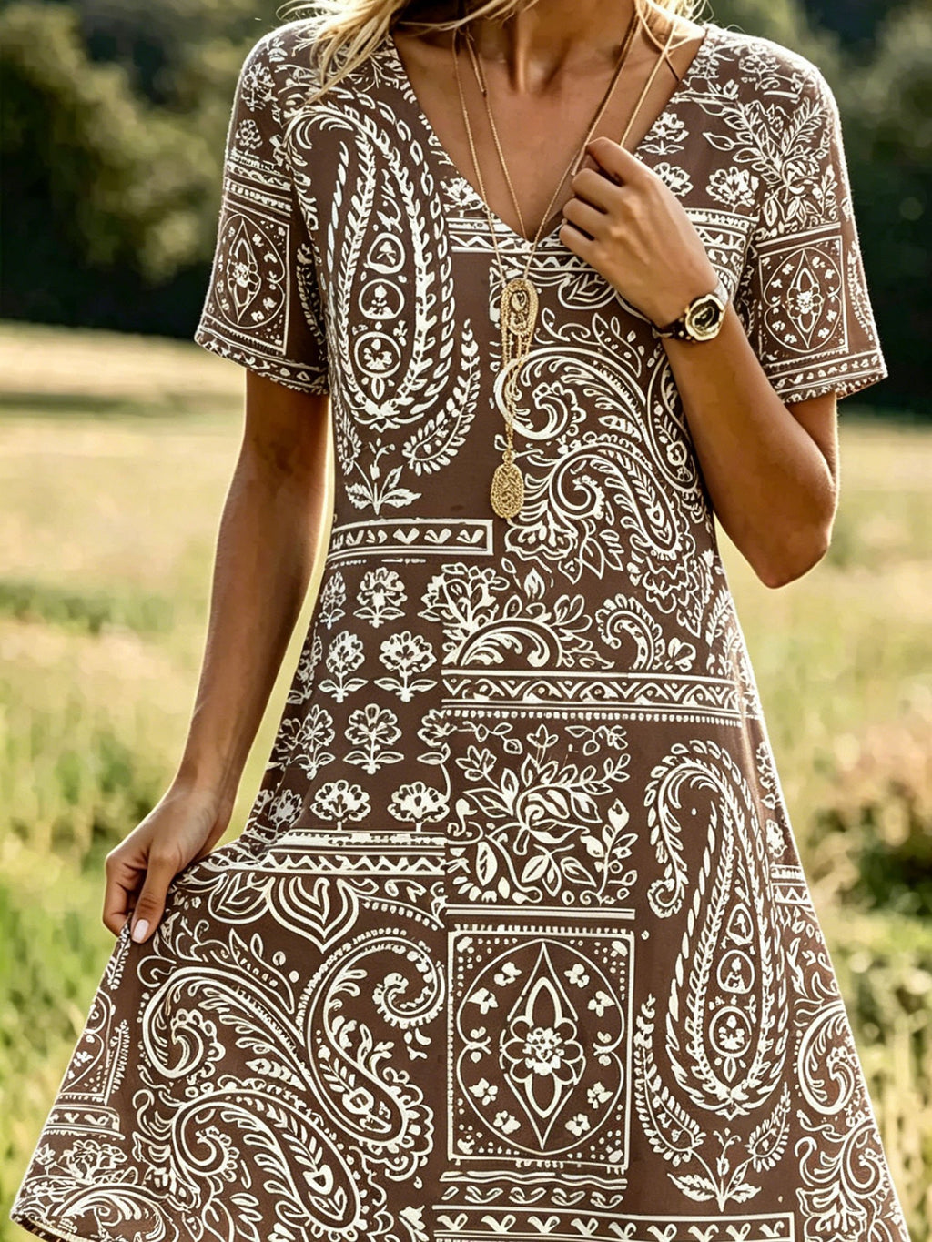 Women's Vintage Paisley Cashew Floral V-Neck Short-Sleeve Casual Dress