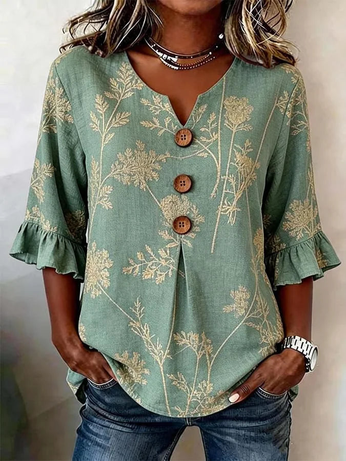 Women's Half Sleeve Blouse Summer Green Floral Printing V Neck Daily Going Out Vintage Top