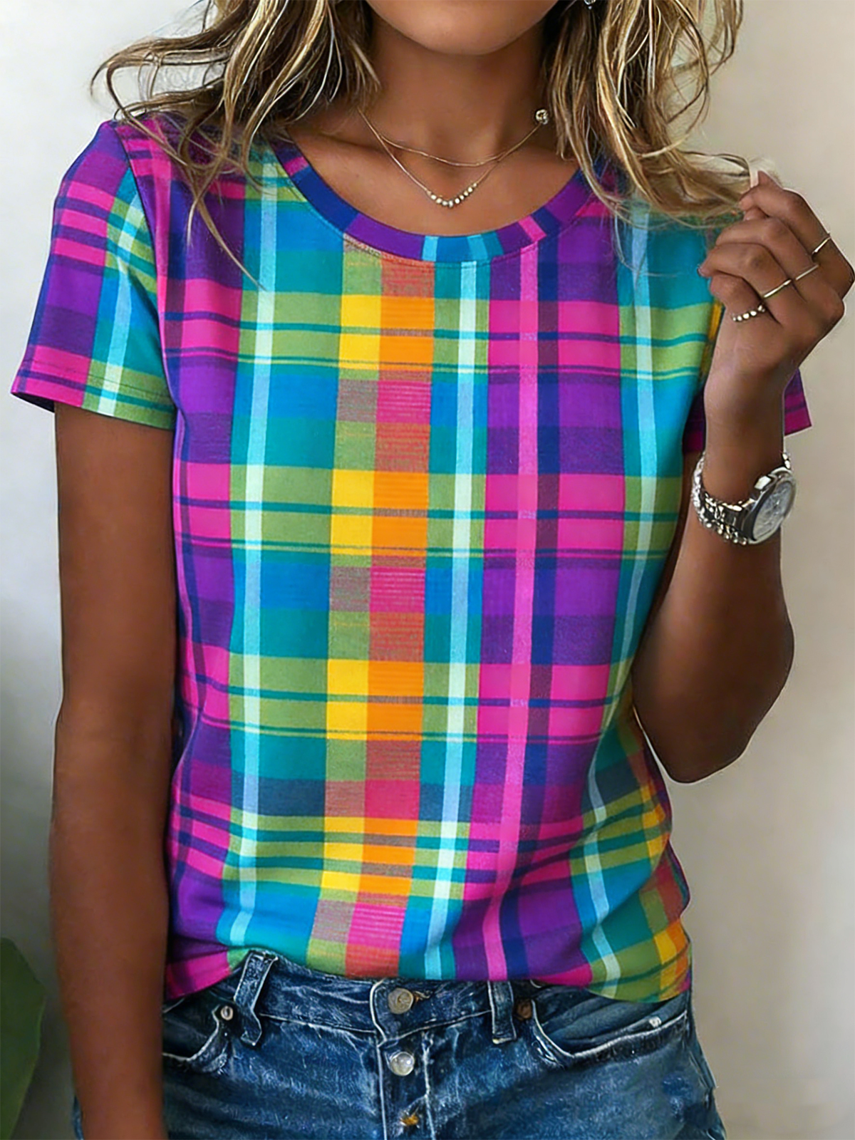 Plaid Loose Crew Neck Casual T-Shirt