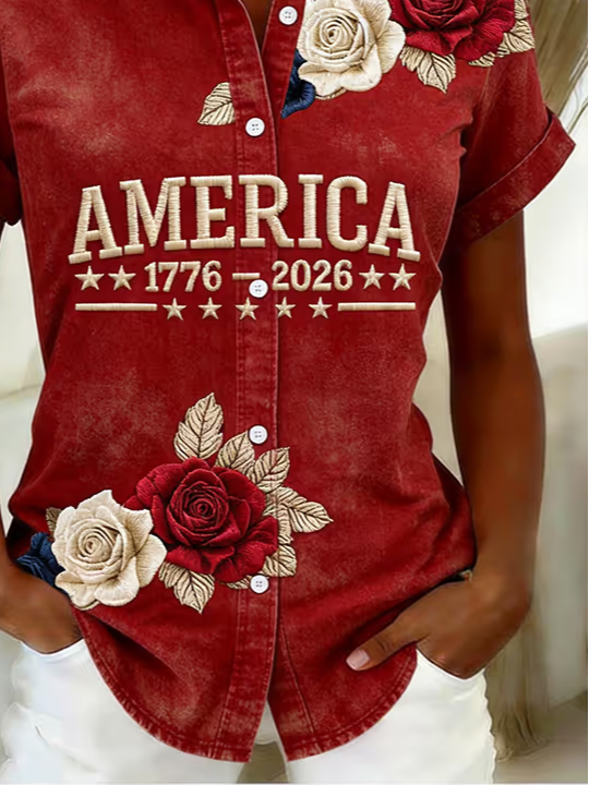 Women's Short Sleeve Shirt Summer Red Independence Day (Flag) Printing Shirt Collar Daily Going Out Casual Top