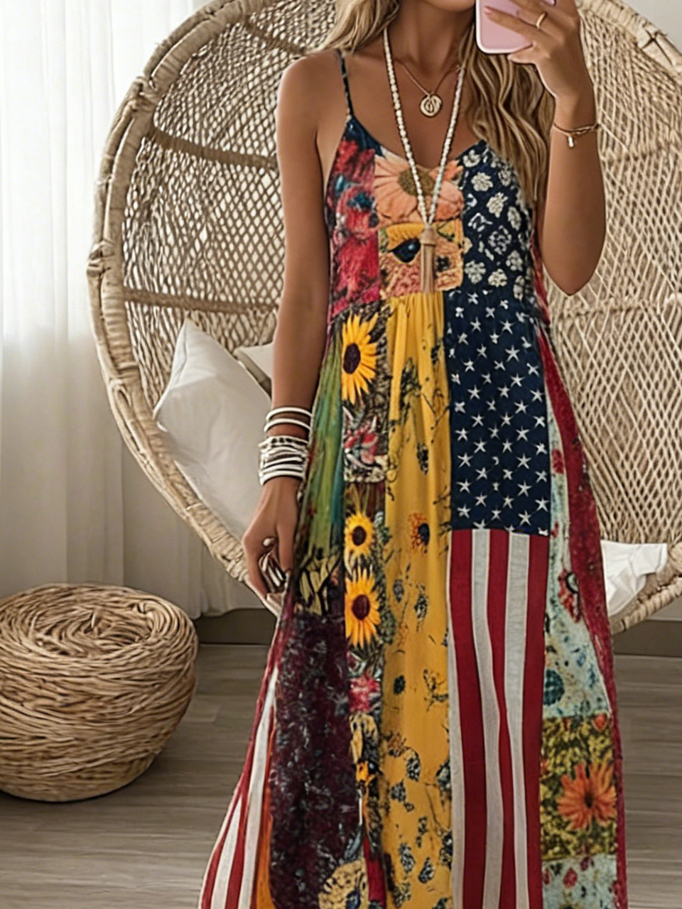 Geometric Loose V Neck Vintage Dress With No
