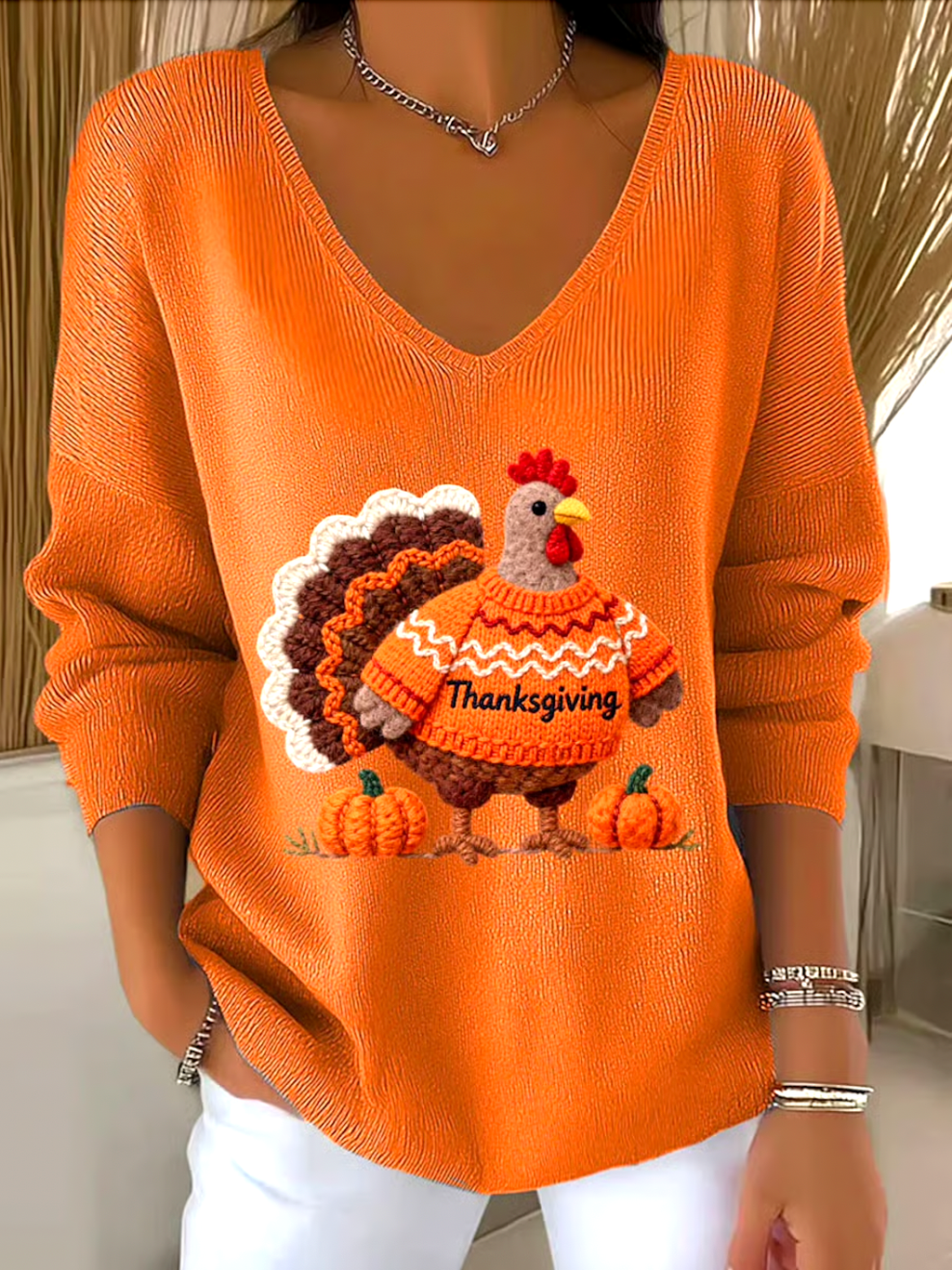 Casual V Neck Cotton Animal Sweater
