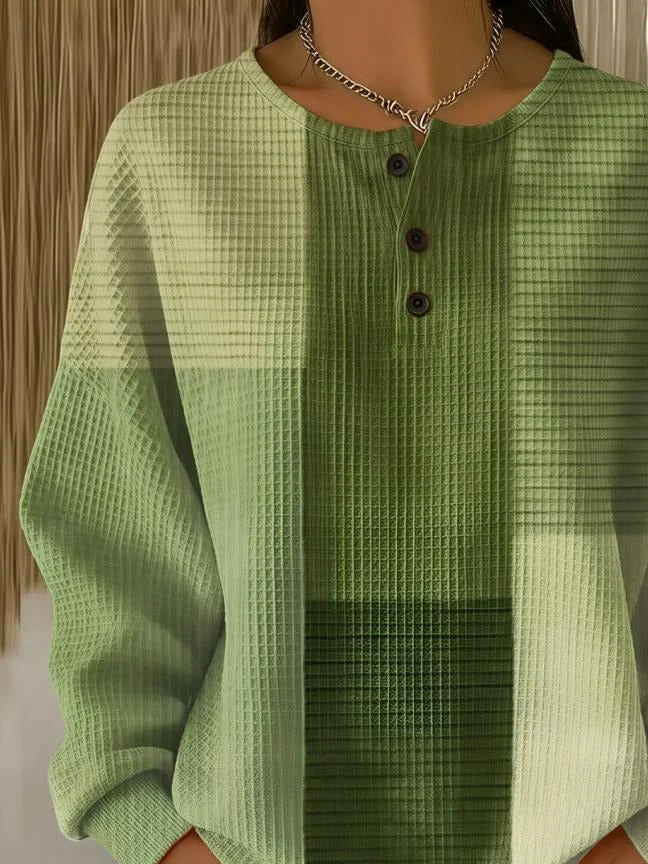 Women's Abstract Print Button-Up Casual Waffle Knit Sweatshirt