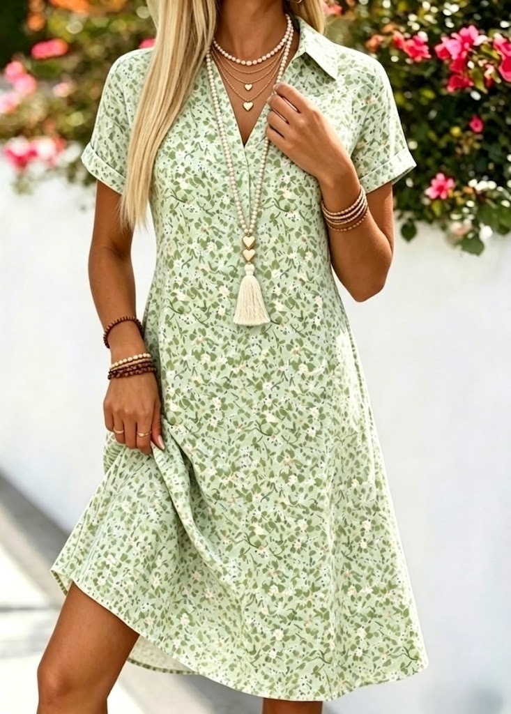 Women's Green Floral Print Shirt Dress Collared Short Sleeve A-Line Casual Midi Dress