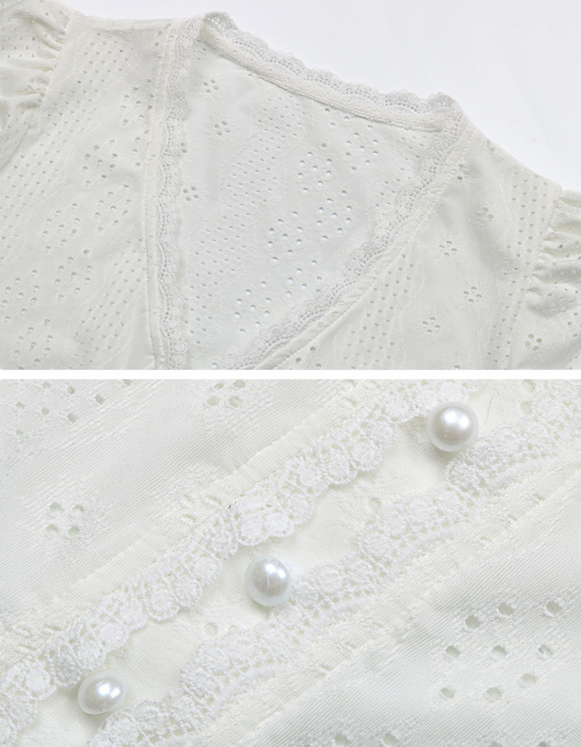 Lace Puff Short Sleeve V Neck Button Rufflr Casual Blouse