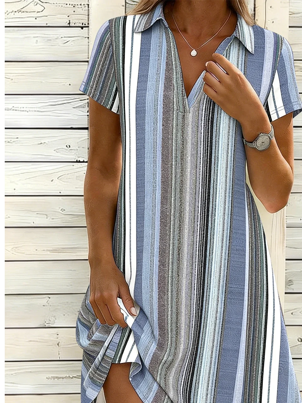 Casual Shawl Collar Striped Loose Shirt Dress With No