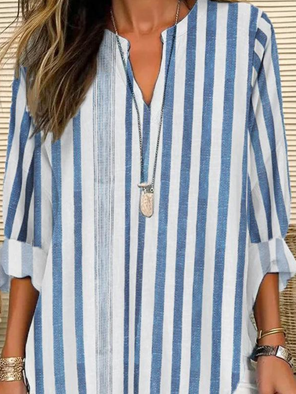 Women's Long-Sleeve Striped V-Neck Casual Shirt