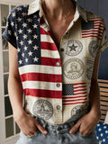 3D Printing America Flag Shirt Collar Short Sleeve Letter Pattern Vintage Casual Shirt