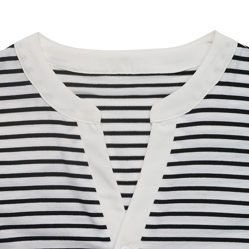 Elegant Striped V Neck Button Puff Short Sleeve Casual Jersey Blouse