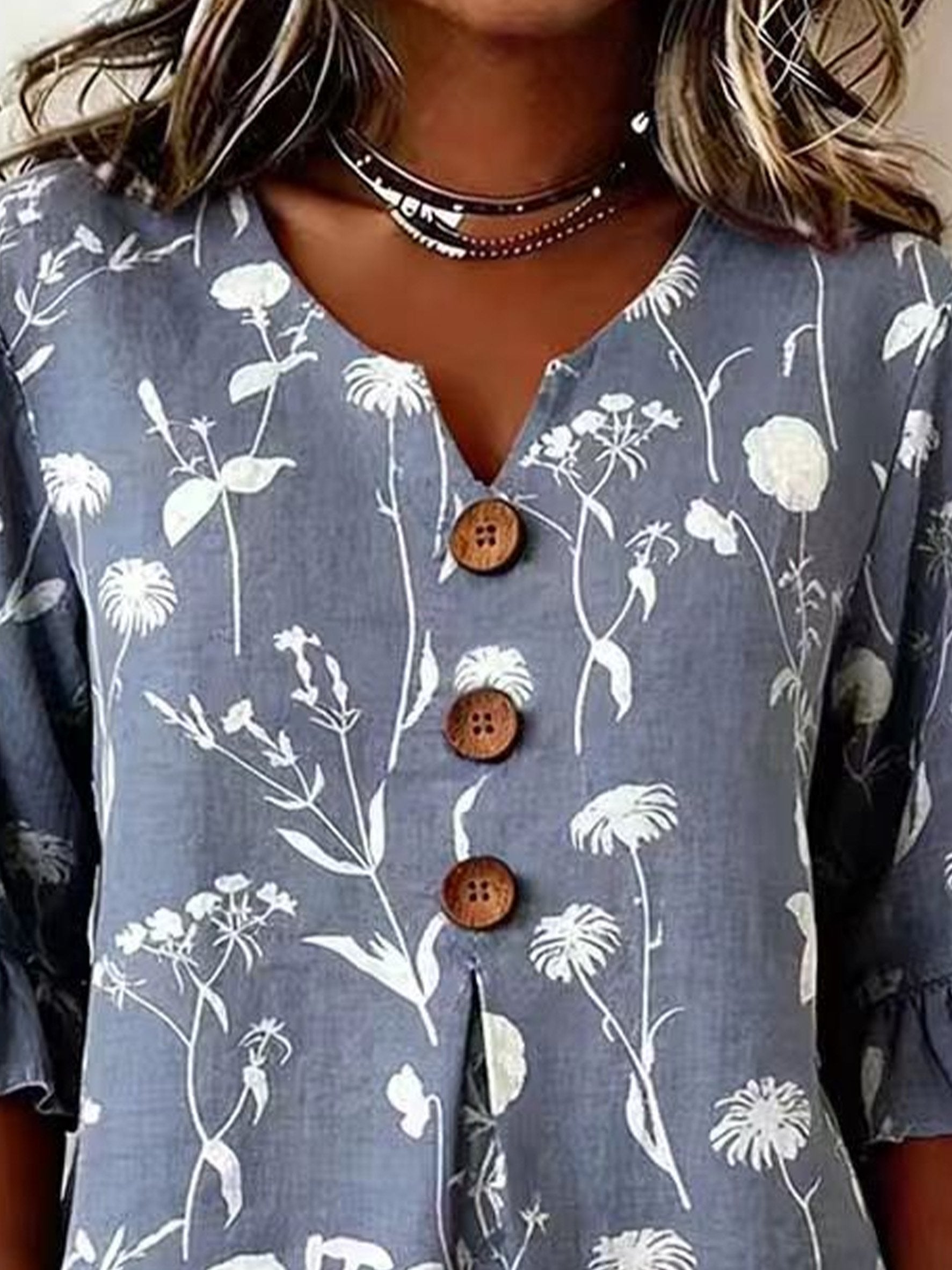Polyester Cotton Floral V Neck Button Short Ruffle Sleeve Casual Top