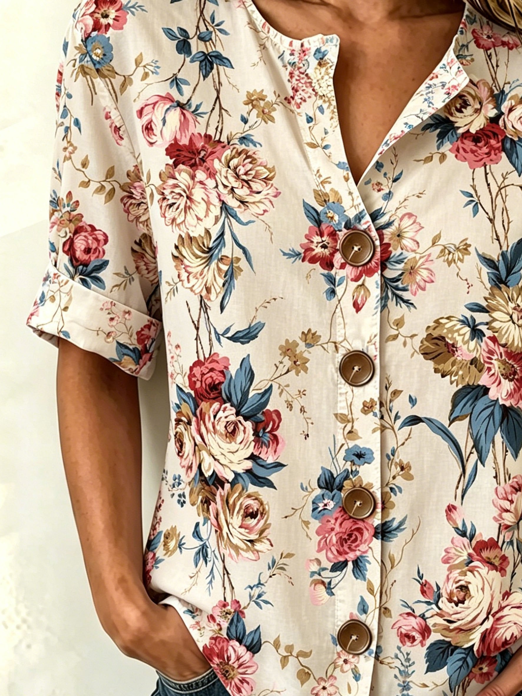 Vintage Floral Print Stand Collar Button Spring Summer Linen Blend Casual Shirt