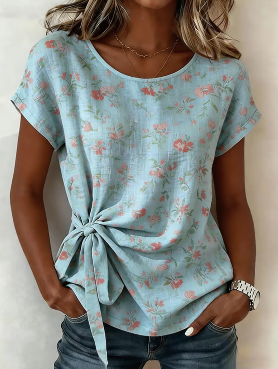 Elegant Botanical Pattern Crew Neck Loose Shirt