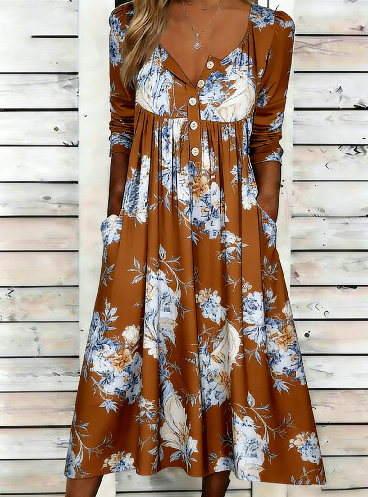 Half Open Collar Loose Casual Botanical Pattern Dress With No