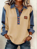 Denim Color Block Polo Shirt Long Sleeve Plain Casual Blouse