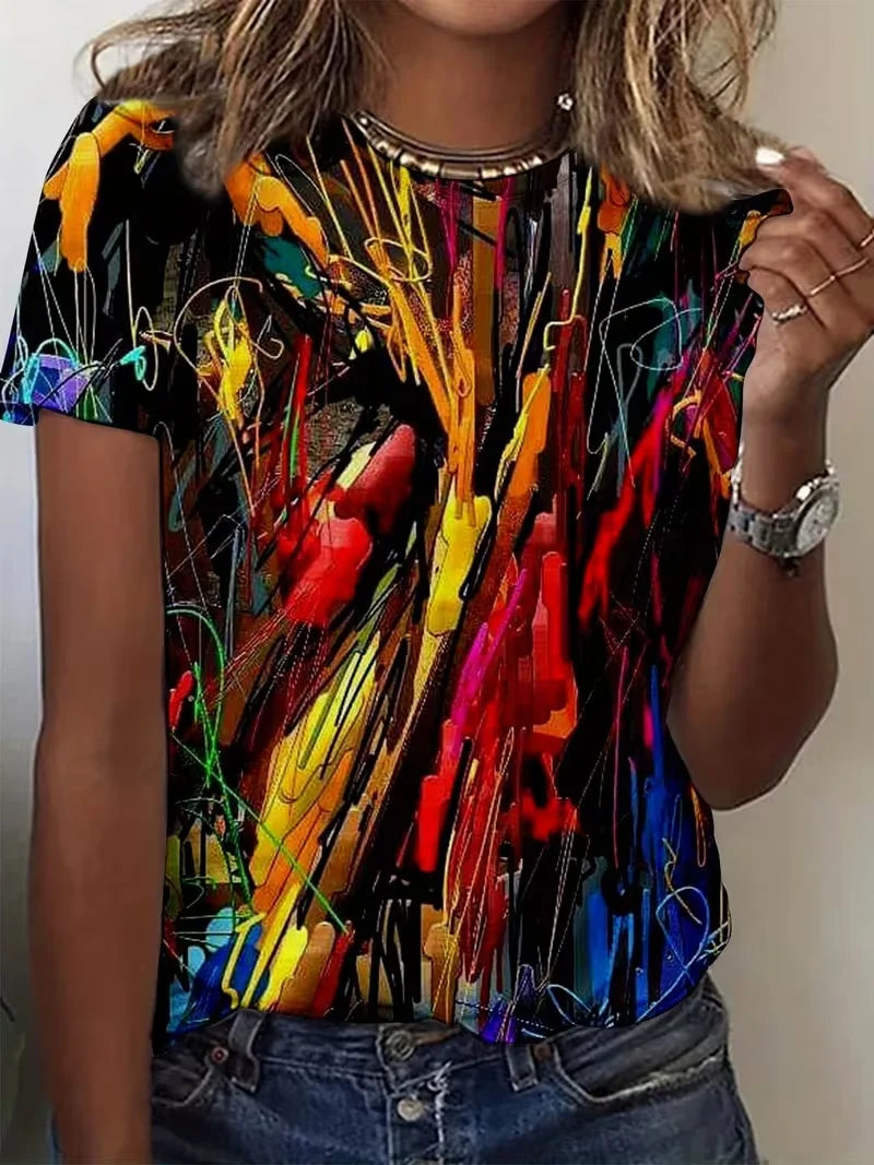 Women's Short Sleeve T-shirt Summer As Picture Abstract Printing Jersey Crew Neck Daily Going Out Casual Top