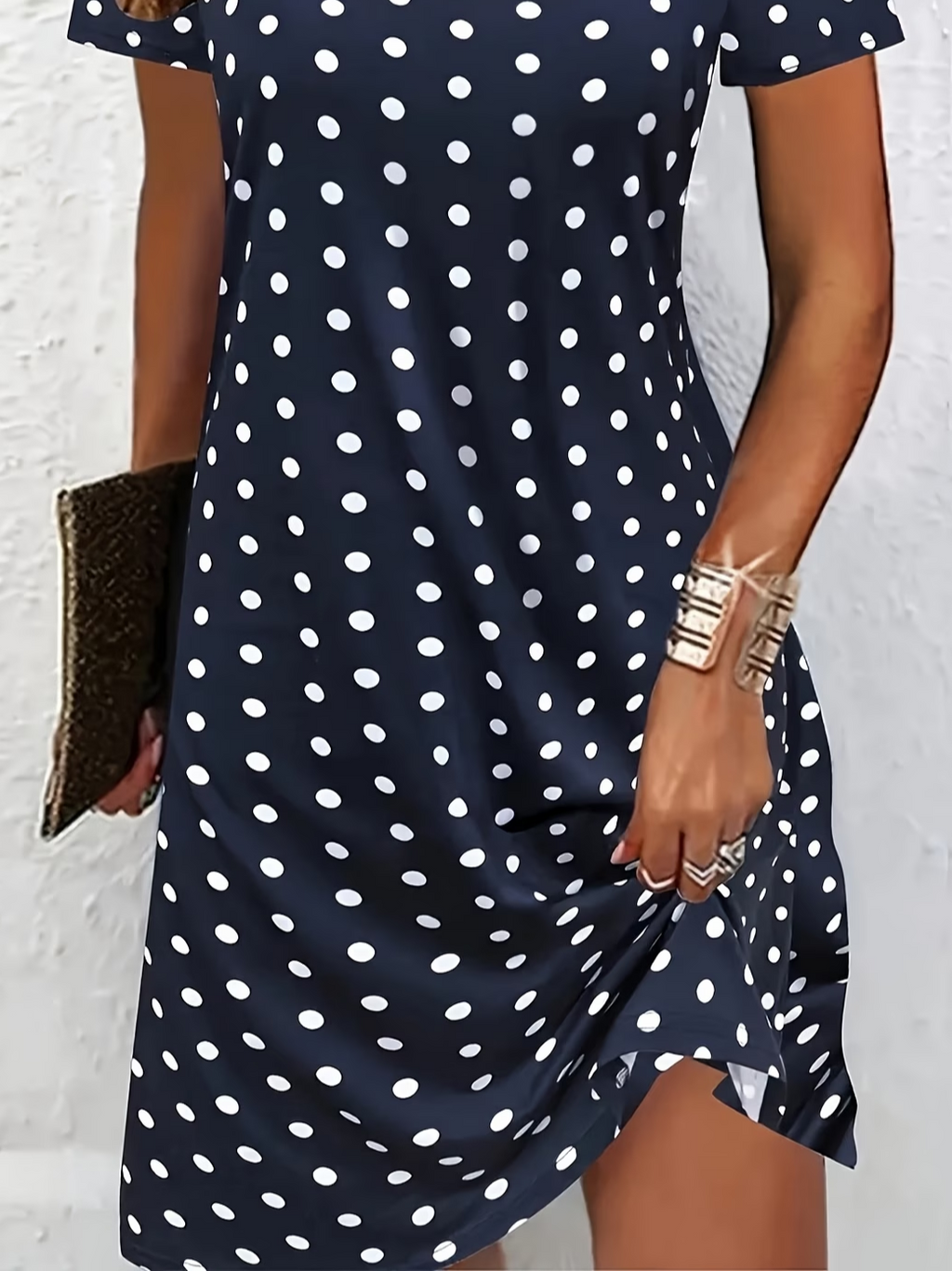 Women's Short Sleeve Summer Navyblue Polka Dots Printing Crew Neck Daily Going Out Casual Midi A-Line T-Shirt Dress Dress