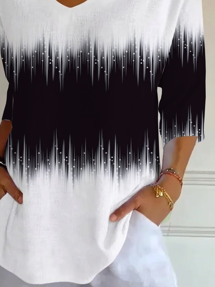 Women's Three Quarter Sleeve T-shirt Spring/Fall Black-white Abstract Printing V Neck Daily Going Out Casual Top