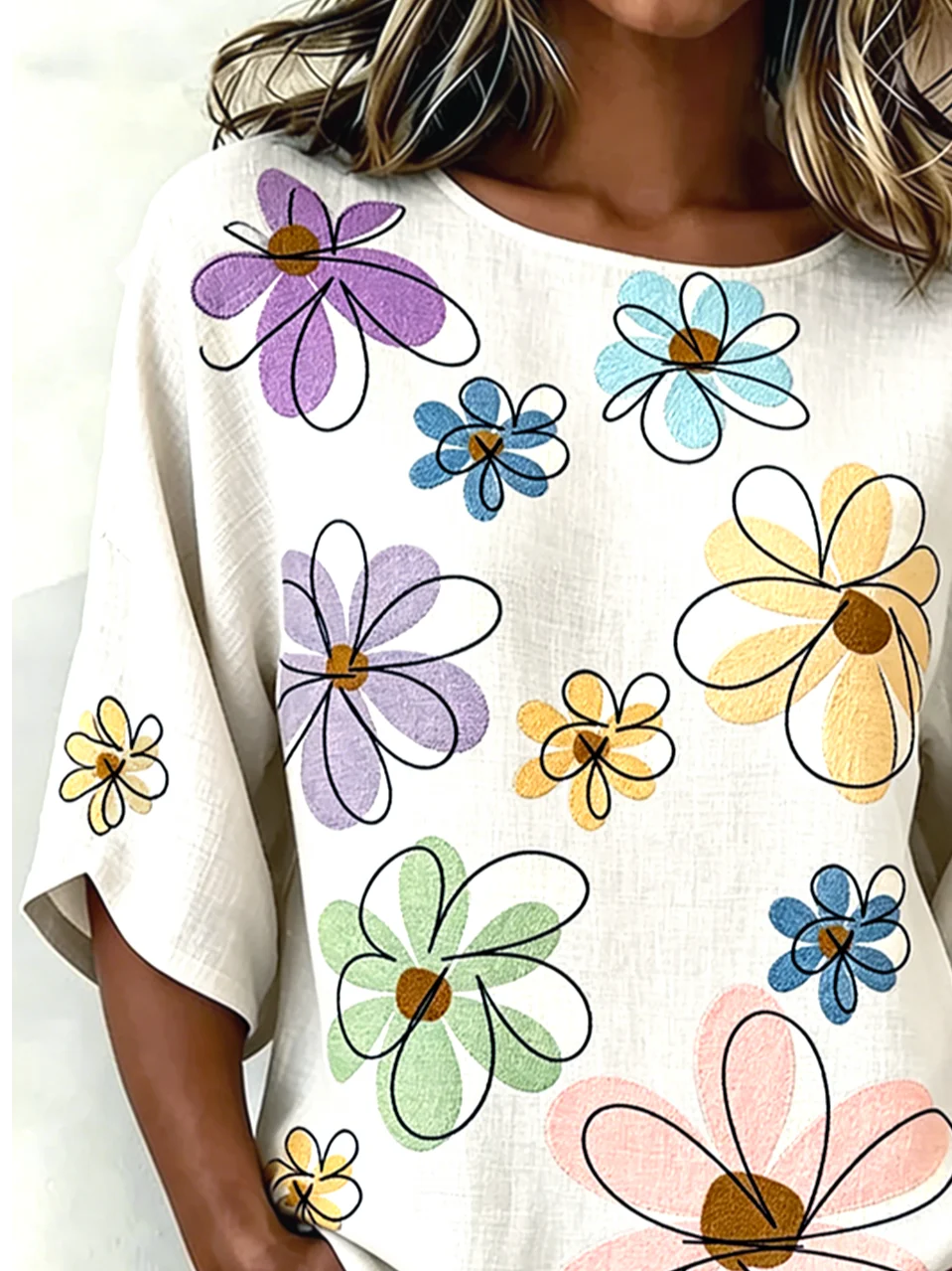 Cotton And Linen Vintage Floral Crew Neck Shirt