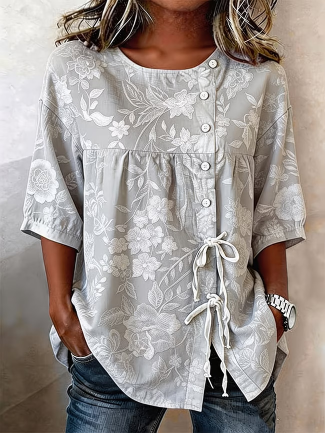 Women's Half Sleeve Shirt Summer Gray Floral Crew Neck Daily Going Out Vintage Top