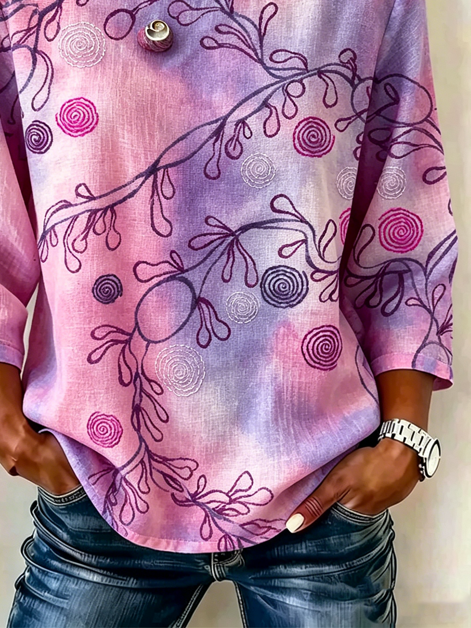 Loose Gradient Pattern Elegant Cotton And Linen Shirt