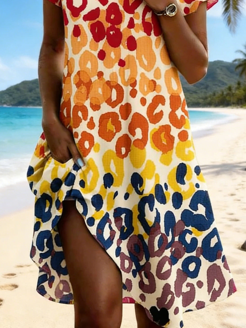 Women's Leopard Printing Short Sleeve V-Neck Summer Beach Vacation Midi Dress