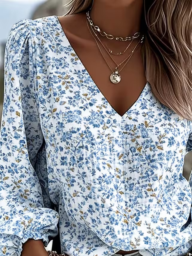 Women's Long Sleeve Blouse Spring/Fall Blue Floral Printing V Neck Daily Going Out Casual Top