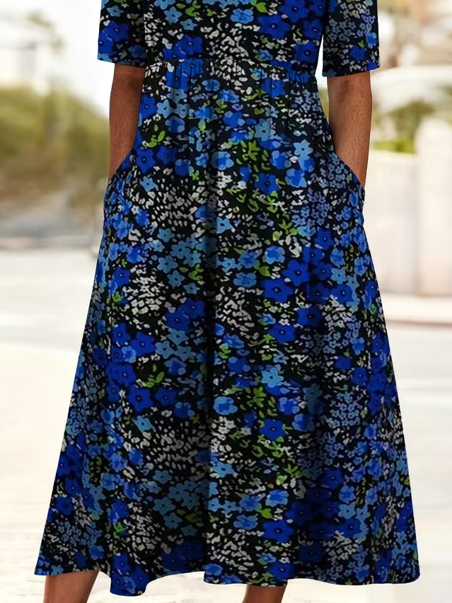 Women's Short Sleeve Summer Blue Floral Printing Crew Neck Daily Going Out Casual Maxi H-Line Shift Dress Dress