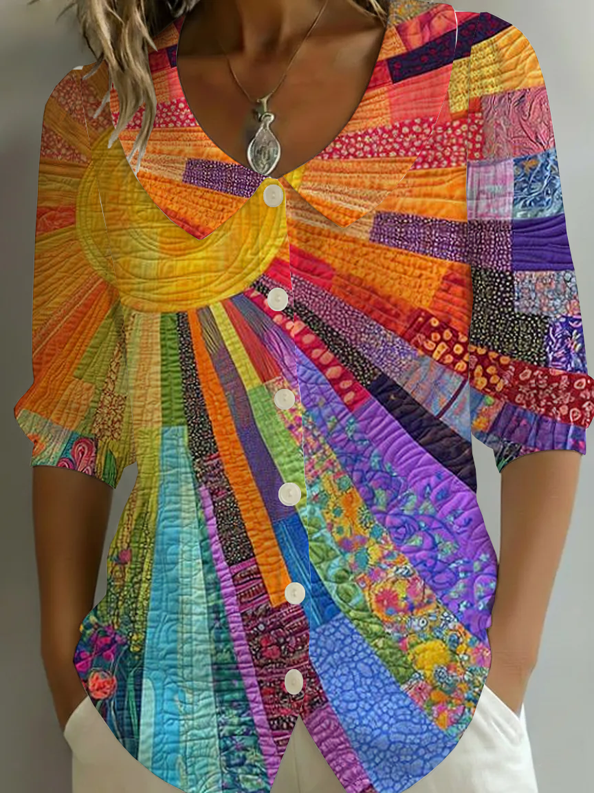 Women's Half Sleeve Shirt Summer As Picture Abstract Printing Shawl Collar Daily Going Out Casual Top