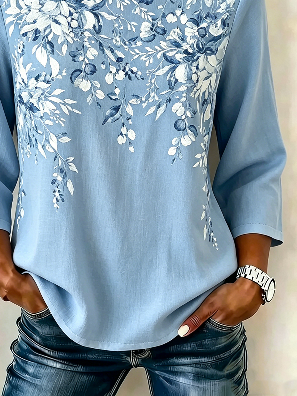 Cotton And Linen Elegant Floral Crew Neck Shirt