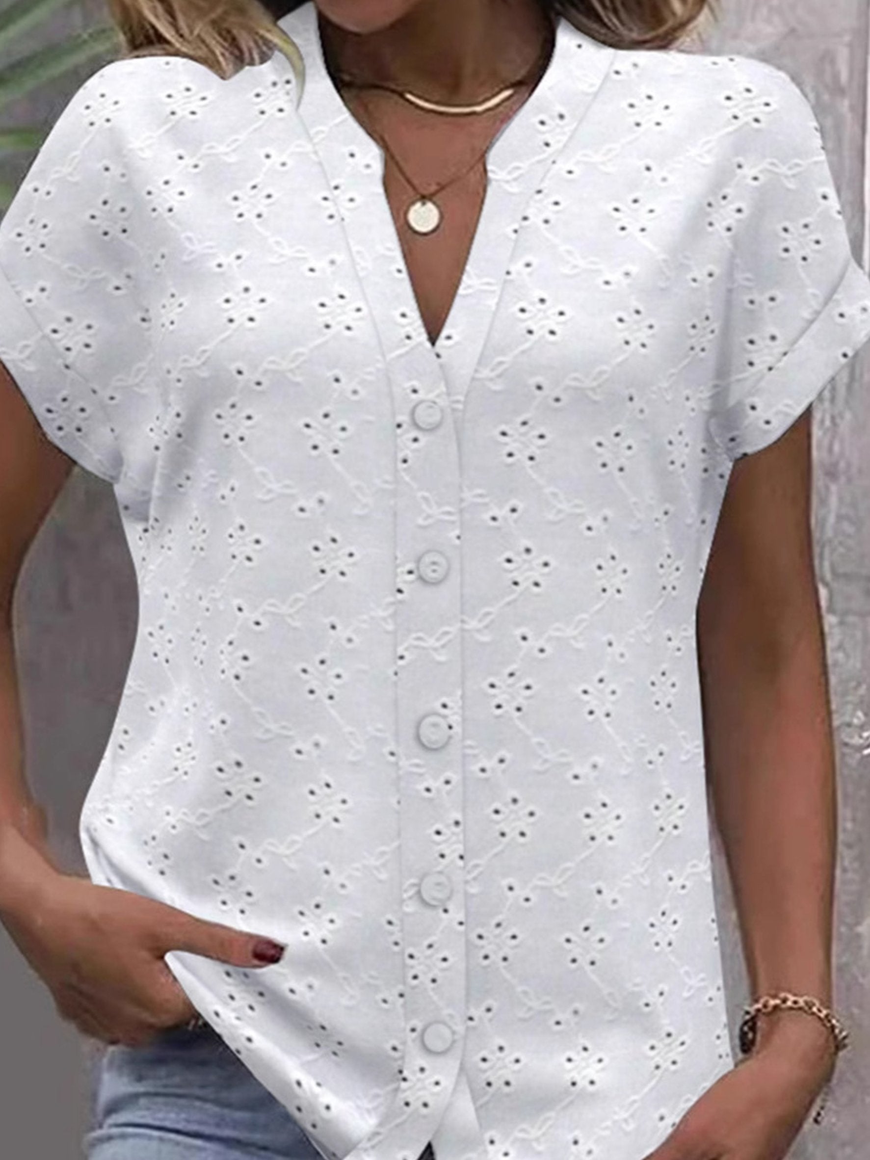 Lace Floral Short Sleeve Shawl Collar Button Casual Shirt