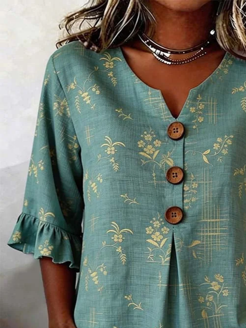 Women's Half Sleeve Blouse Summer Green Floral Printing V Neck Daily Going Out Vintage Top