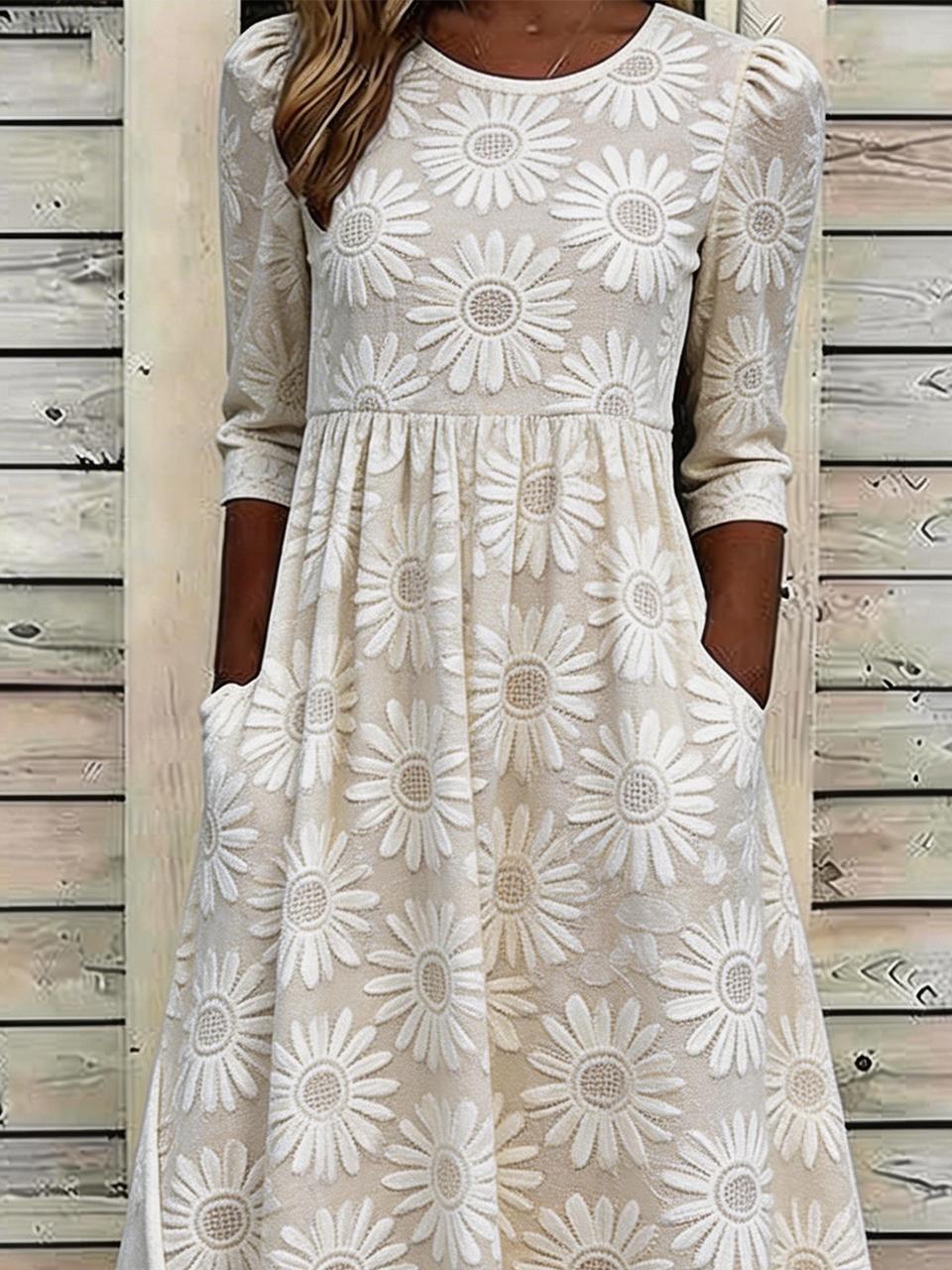 Crew Neck Vintage Floral Loose Dress With No