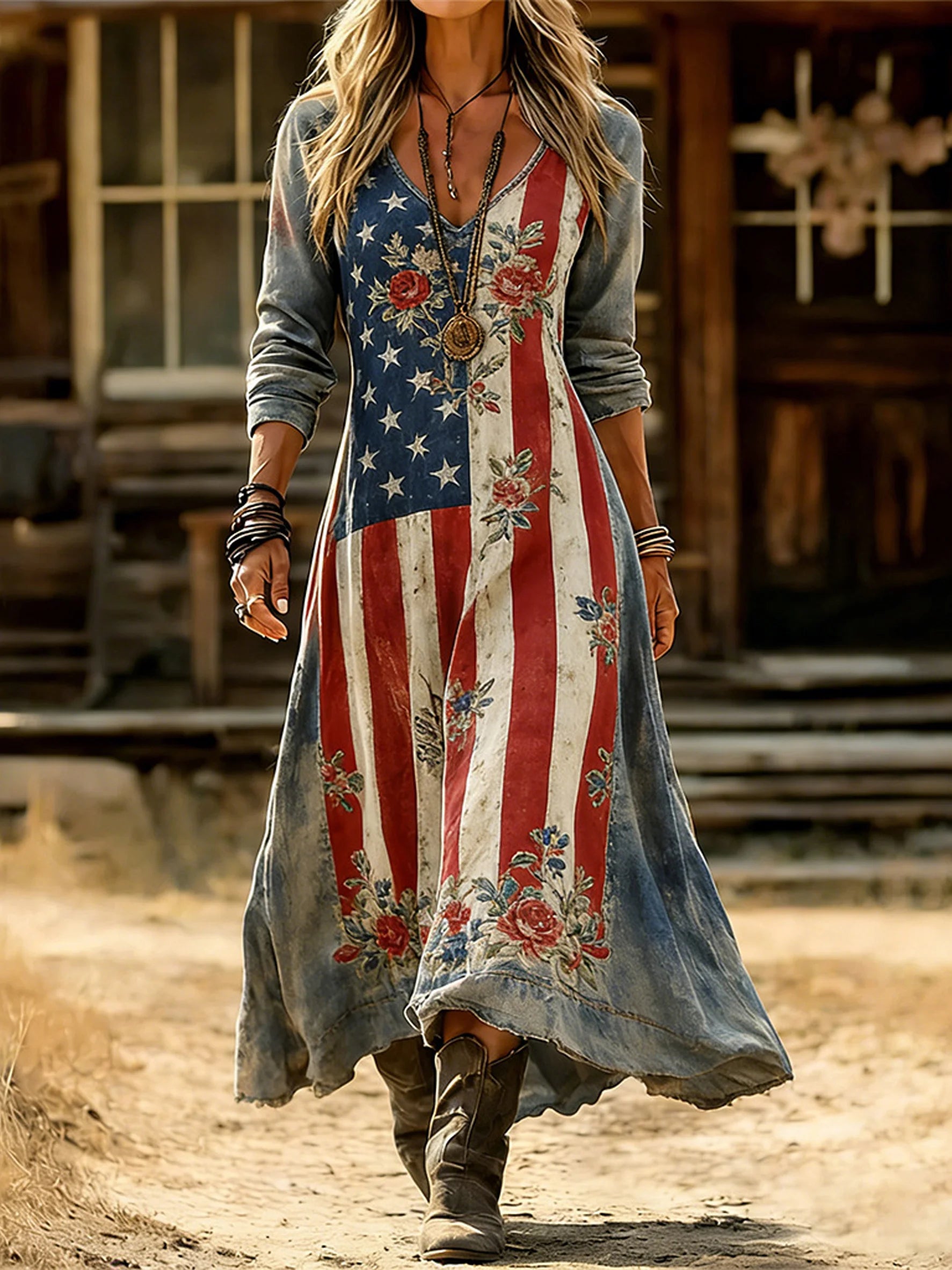 Women America Flag Spring Summer Dress V Neck A-Line Boho Maxi Dress