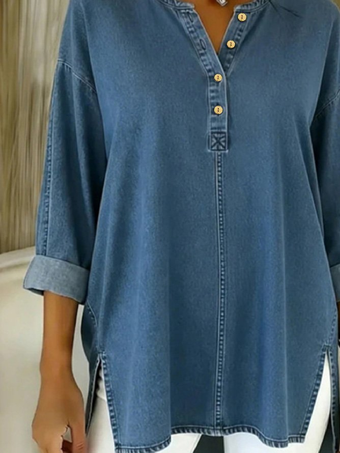 Washed Denim Crew Neck Button Going Out Casual Blouse