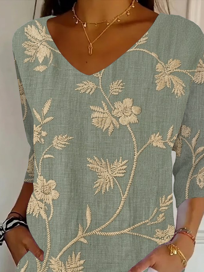 Women's Three Quarter Sleeve T-shirt Spring/Fall Green Floral Printing V Neck Daily Going Out Casual Top