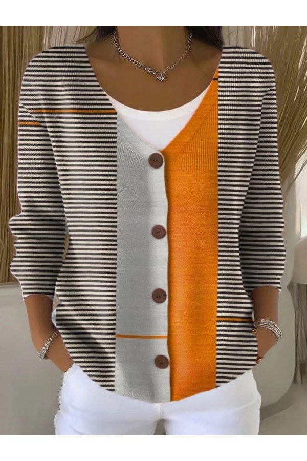 Vintage Abstract Geometry Art Print Buttoned V-Neck Cardigan