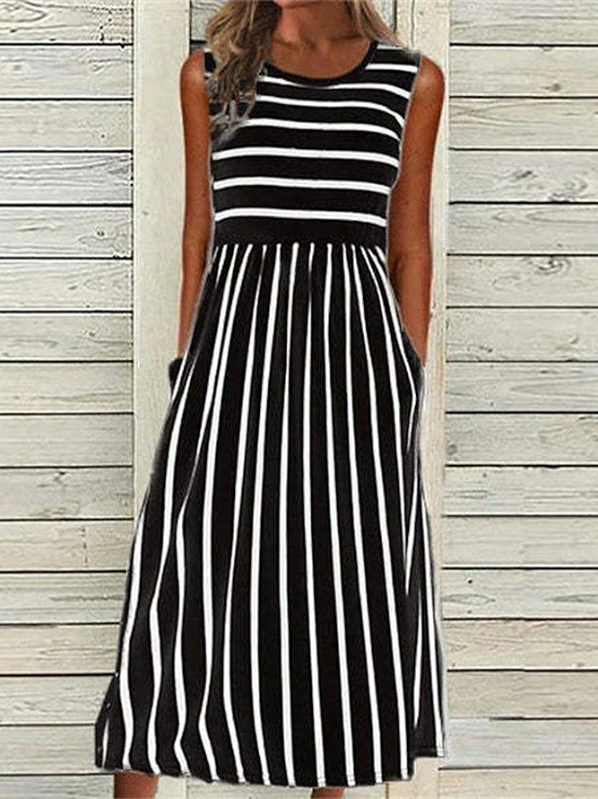 Women's Sleeveless Summer Black Striped Printing Crew Neck Daily Going Out Casual Maxi H-Line Fit & Flare Dress Dress