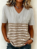 Loose V Neck Casual Striped T-Shirt