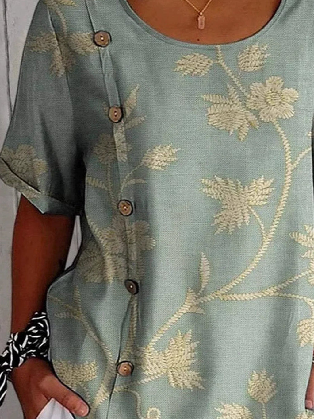 Vintage Floral Round Neck Short Sleeve Button Summer Going Out Casual Top